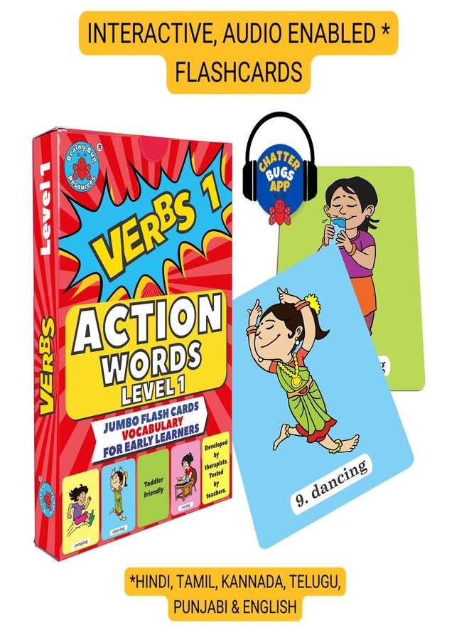 Brainy Bug Resources 120 Flashcards with App-Enabled Audio Feature | 60 Action Words, 30 Position Words, 30 Speak in Sentences | Audio in Hindi, English, Punjabi, Tamil, Kannada, Telugu - Image 2